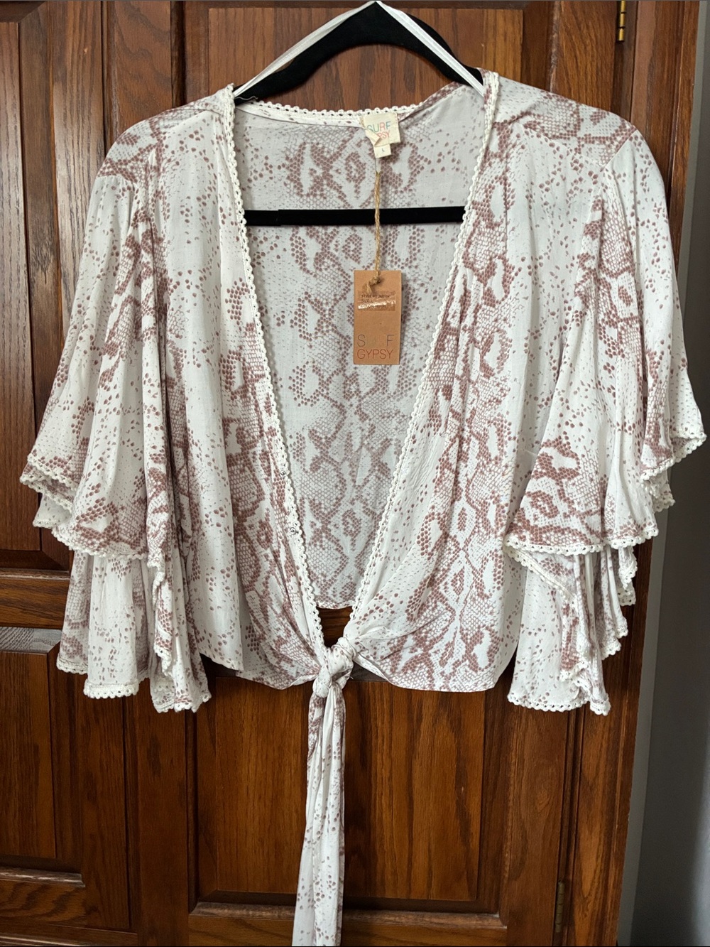 Surf Gypsy White & Taupe Snake-Print Tie-Front Camisole